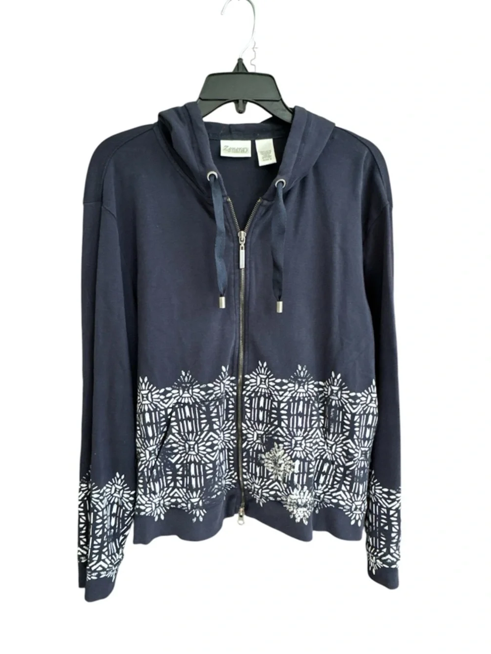 Chico’s Zenergy Navy Zip-Front Hoodie with White Pattern - Picture 3 of 11
